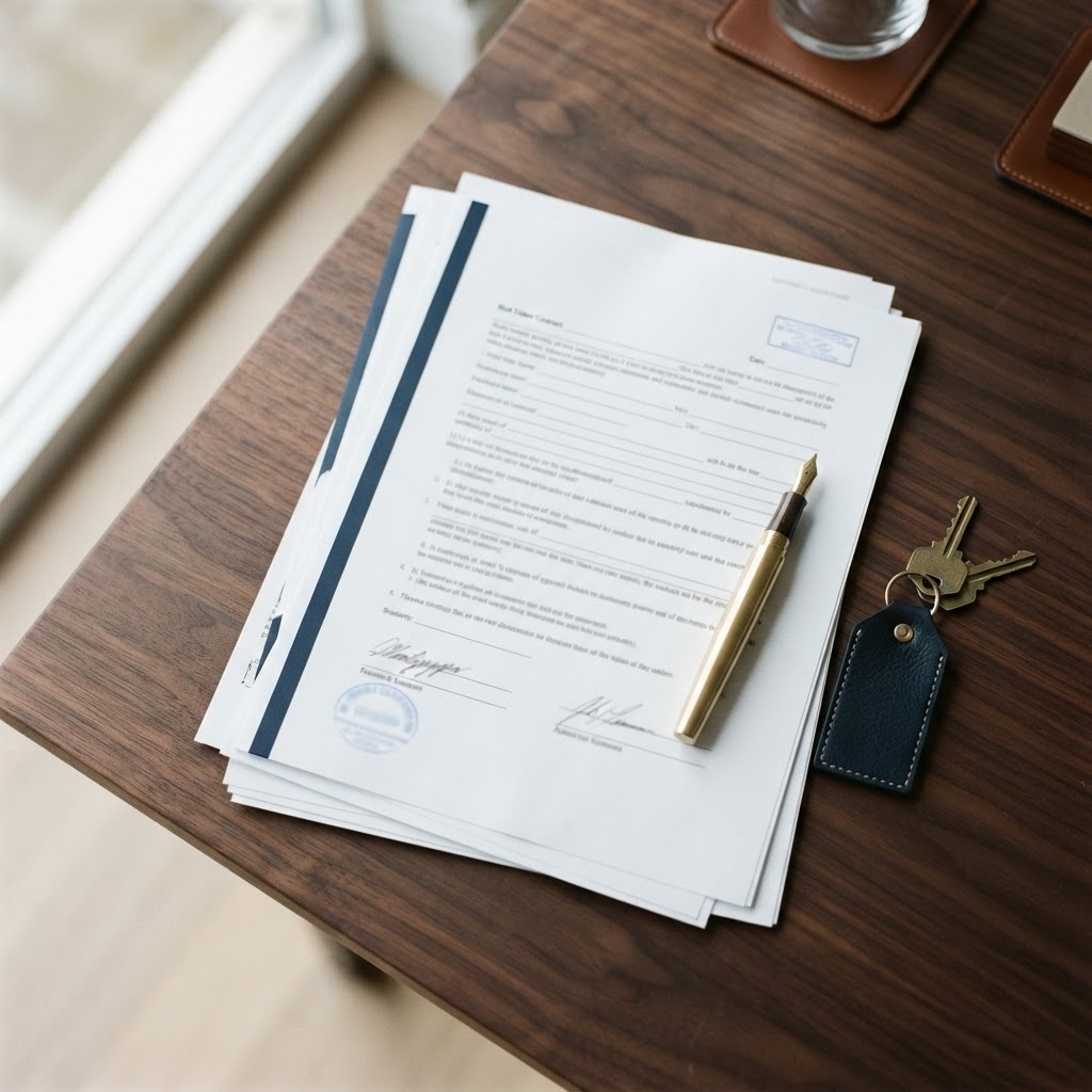 Closing documents, keys, and a pen laid out on a title company table